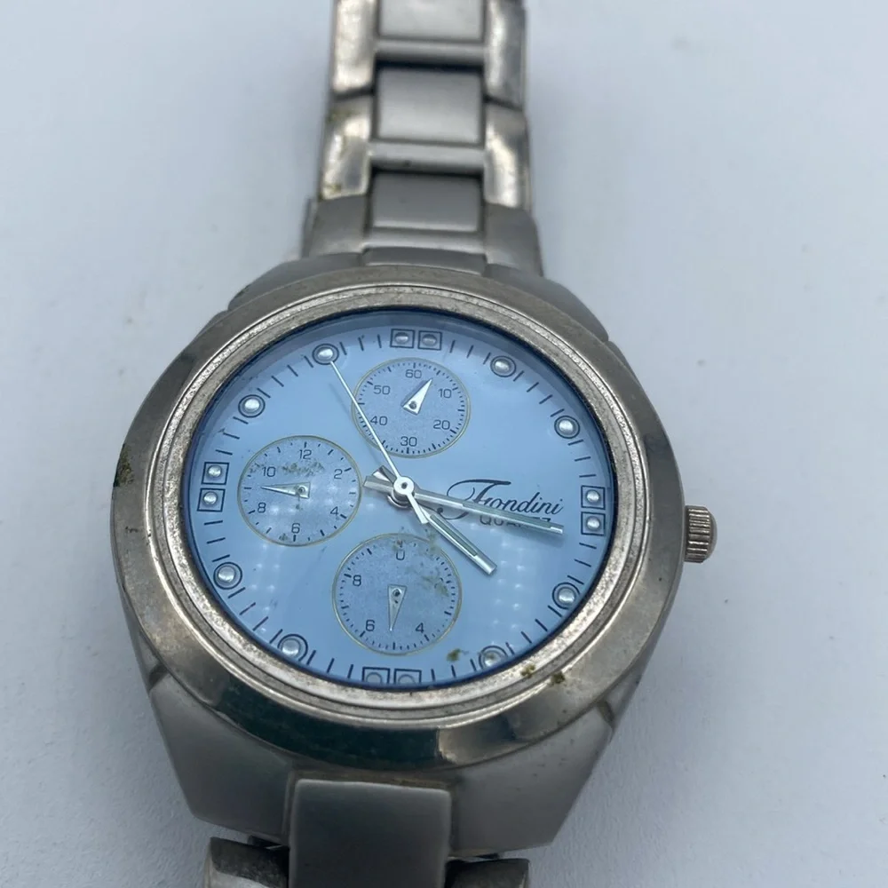 Fondini Men wristwatch watch chrome color light blue face stainless steel